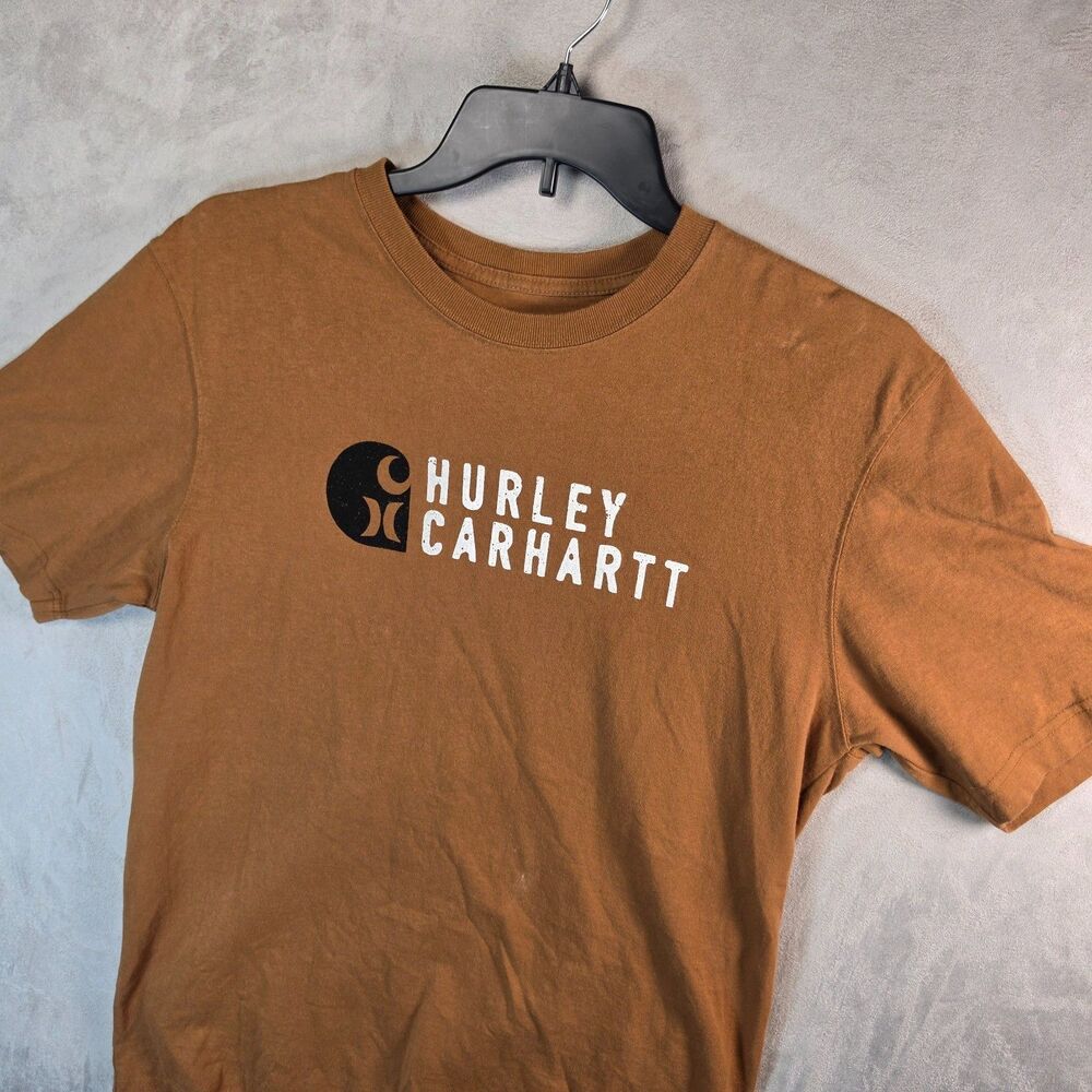 Hurley x Carhartt Lockup Collaboration Mens T Shirt Brown Logo Tee Size Medium
